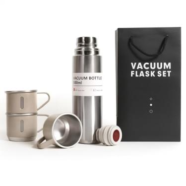 Imagem de Conjunto de frascos a vácuo marrom, garrafa de água isolada de aço inoxidável com 3 xícaras, garrafa térmica de café para bebidas quentes e frias, copo térmico reutilizável para viagens de acampamento