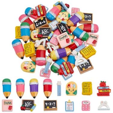 Imagem de WADORN 56 peças, 14 estilos de berloques de resina de volta às aulas, régua de lápis, quadro-negro, cabochão, berloque, dia do professor, material escolar, decoração para artesanato faça você mesmo