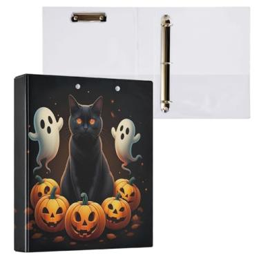 Imagem de STAYTOP Organizador de fichário redondo de gato preto de Halloween, fichário de 3 anéis com prancheta (carta A4), fichário fofo para material de escritório escolar