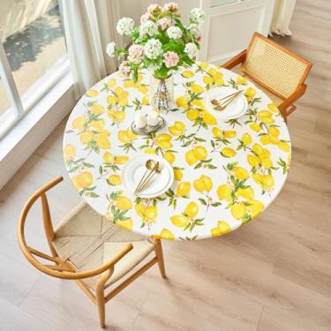 Imagem de IBEQUEM Toalha de mesa redonda de limão com borda elástica, capa de mesa de plástico à prova d'água à prova de óleo, toalha de mesa de flanela de vinil serve para mesas redondas de 139 cm para festas