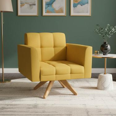 Imagem de Poltrona Sala Decorativa Elisa Base Giratória Castanho MA30 Veludo Mostarda D03 - D'Rossi
