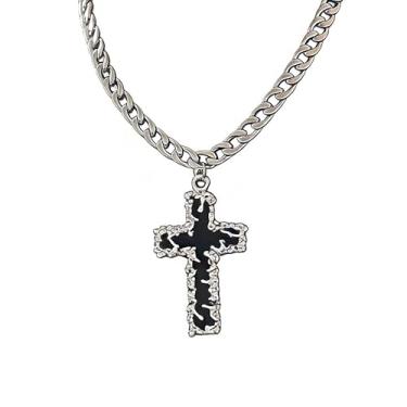 Imagem de LUSKINNO Colar com cruz e textura vulcânica para homens, pingente de crucifixo texturizado 3D de aço titânio com corrente de cabo