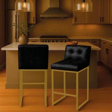 Imagem de Banqueta Cozinha Alta Com Encosto Industrial Kit 2 Dourado Lirina Pu C05 - D'rossi Cor Preto
