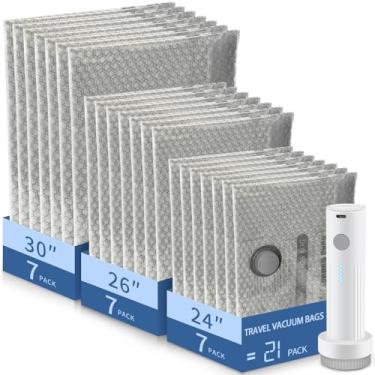 Imagem de SORON Pacote com 21 sacos de armazenamento a vácuo com bomba elétrica, sacos de vácuo de viagem para bagagem, sacos a vácuo tamanho bagagem de mão para viagem, economia de espaço para roupas