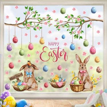 Imagem de Adesivos de janela Happy Easter Rabbit para janela de vidro, adesivo estático de vinil de coelho dupla face, galho de árvore, decalques de janelas para quarto de crianças, meninas, cozinha, decoração