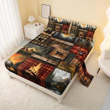 Imagem de AILONEN Jogo de lençol King rústico com urso e veado, temática de caça, estampa retrô de animais selvagens, 1 lençol de cima, 1 lençol com elástico + 2 fronhas, 4 peças