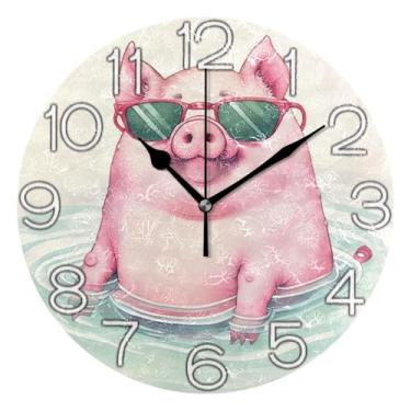 Imagem de GAIGEO Cute Pig Relógio de parede rosa engraçado analógico decorativo relógio de cozinha rústico funky alimentado por bateria, decoração de parede de casa de fazenda moderna, 25 cm, ponteiros pretos