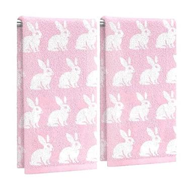 Imagem de Whaline Toalhas de mão Coelho da Páscoa Toalha de Banho Jacquard Algodão Rosa Branco Coelho Toalha de Banho Absorvente para Cozinha Secagem de Louça Limpeza Cozinhar, 29,5 x 13,4 polegadas, 2 peças