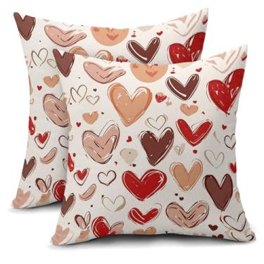 Imagem de aportt Capas de almofada para dia dos namorados 45,7 x 45,7 cm, marrom, vermelho, rosa, corações do amor, conjunto de 2 fronhas, decoração de casamento, para sofá e sofá ao ar livre