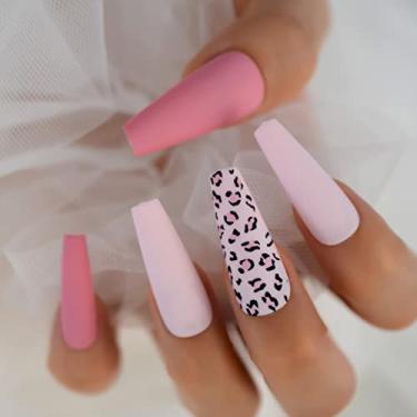 Imagem de Conjunto de unhas falsas de bailarina longa colorido com desenhos padrão leopardo fosco rosa falso unhas prensadas no caixão pontas de unhas quadradas