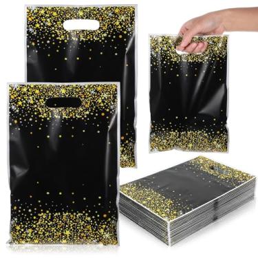 Imagem de Aysatogc 50 peças de sacolas de presente de festa pretas e douradas, sacolas plásticas com alças para lembrancinhas de festa de aniversário, casamento, pequenas empresas, Natal, Ano Novo