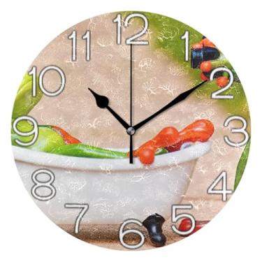 Imagem de GAIGEO Relógio de parede decorativo analógico redondo sem tique-taque silencioso relógio de cozinha rústico, decoração de sala de estar, arte moderna, desenho animado engraçado, sapo verde, animal, 25