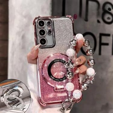 Imagem de Capa com suporte e pulseira de contas com revestimento de glitter à prova de choque para Samsung Galaxy S25 S24 S23 S22 S21 S20 Note 20 Ultra Plus FE, rosa, para S24 Plus