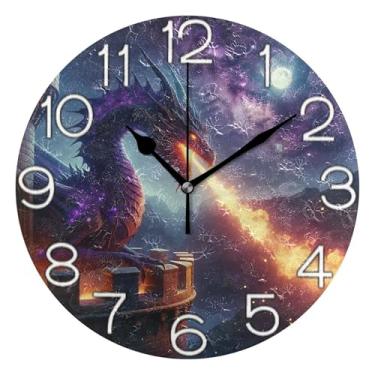 Imagem de GAIGEO Relógio de parede analógico decorativo redondo sem tique-taque silencioso quarto relógio de cozinha, decoração de parede vintage sala de estar fogo dragão preto desenho, 25 cm, ponteiros