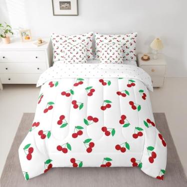 Imagem de jejeloiu Jogo de cama solteiro com estampa de cereja vermelha e cereja em uma bolsa para meninos e meninas, adolescentes, conjunto de cama com 7 peças