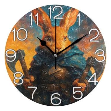 Imagem de GAIGEO Relógio de parede analógico decorativo operado por bateria silencioso relógio de cozinha rústico, decoração de parede de meados do século sala de estar, armadura de coelho guerreiro fantasia