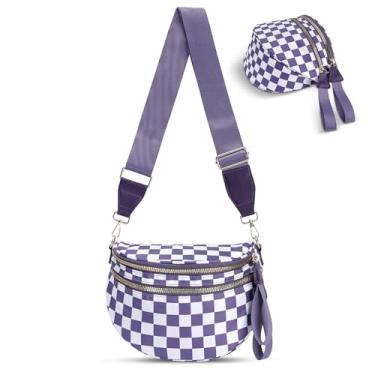 Imagem de idoltimes Bolsa transversal quadriculada, bolsas de nylon para mulheres, bolsa tiracolo espaçosa, pochete com alça de ombro, Violeta