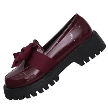 Imagem de Mocassins plataforma com detalhe de laço, salto grosso, bico redondo, cor sólida, design retrô inspirado, Vinho vinho, 34