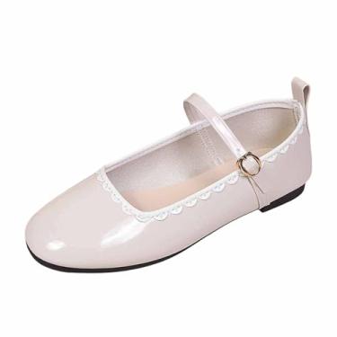 Imagem de Sapatos femininos Mary Jane de bico fino com fivela e tira de salto baixo sem salto raso casual, Branco, 36