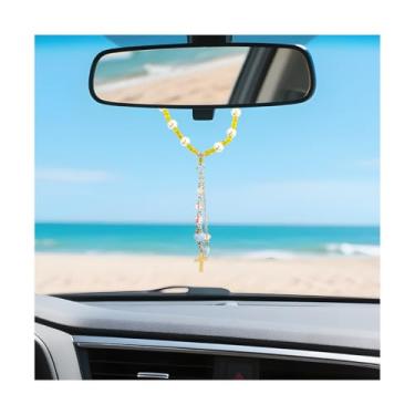 Imagem de FALVFUN Ornamento de suspensão de carro com cruz de jade natural, pingente de espelho retrovisor de veículo religioso com contas de vidro, decoração de pingente de interior automotivo oscilante