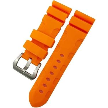 Imagem de BUDAY Pulseira de relógio de borracha de silicone de 24 mm e 26 mm adequada para Panerai luminária submersível PAM verde azul à prova d'água (pino laranja, 24 mm)