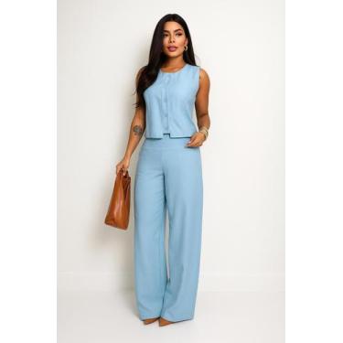 Imagem de Conjunto Alfaiataria Boss Colete E Calça Pantalona Social, Azul, M