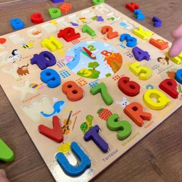 Imagem de Brinquedo Pedagógico Relógio de Encaixe Alfanumérico MDF - MaisTem 