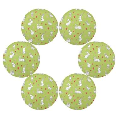 Imagem de Wassud Jogo americano conjunto de 6 tapetes redondos de coelho verde-limão para cozinha e jantar tapetes laváveis resistentes ao calor para decoração de mesa 39 cm