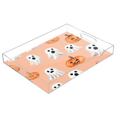 Imagem de xigua Bandeja de servir de acrílico fantasma de Halloween com alças à prova de derramamento, bandejas decorativas de festa de Halloween, bandeja organizadora de bancada para banheiro, cozinha, 30,5 x