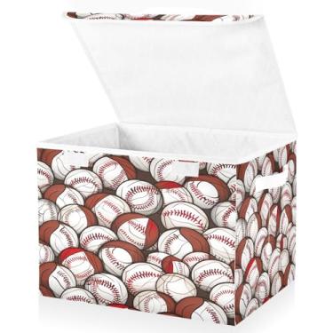 Imagem de Blueangle Caixas de armazenamento com padrão de bolas de beisebol com tampas, 42 x 32 x 30 cm, grande cesta organizadora dobrável para decoração de casa e escritório (525)