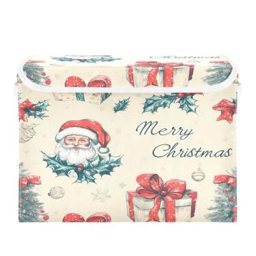 Imagem de SEHANY Linda caixa de armazenamento de Papai Noel de Natal com tampas e alças, organizador de cestas de armazenamento de tecido dobrável, caixas de armazenamento de cubos grandes para roupas, cobertor