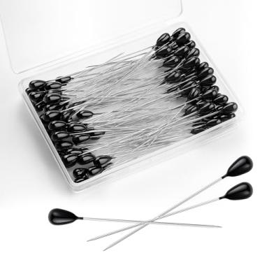 Imagem de 100 pinos pretos de flor na lapela, broches florais de gota longa para buquês e corsages, 5 cm com cabeças de pérola para arranjos de flores de casamento e artesanato DIY (com caixa de armazenamento)