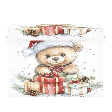 Imagem de Wassud Cestas de armazenamento de Natal com tampas, urso fofo, chapéu de Natal, caixotes dobráveis de tecido empilhável, cestas de linho, organizador de armário, recipiente 42 x 32 x 30 cm