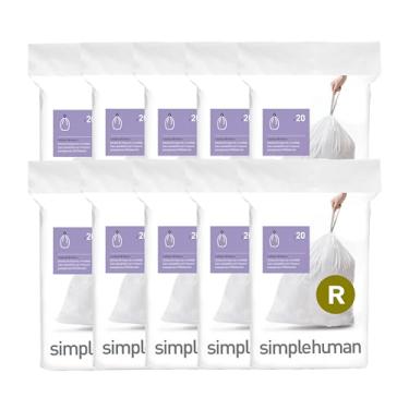 Imagem de simplehuman Code R 200 unidades, forros de ajuste personalizado, sacos de lixo com cordão, 10 litros, branco