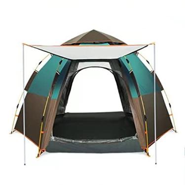 Imagem de Barraca de acampamento hexagonal para 5 a 8 pessoas, grande espaço, acampamento, espessamento, automático, camada dupla, equipamento antitempestade, azul