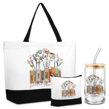 Imagem de Vesici 3 peças Sacola de presente de agradecimento, bolsa cosmética, copo de café de vidro com tampa, palha, lona, maquiagem, zíper, para mulheres, Natal, empregada, colega de trabalho (assistente