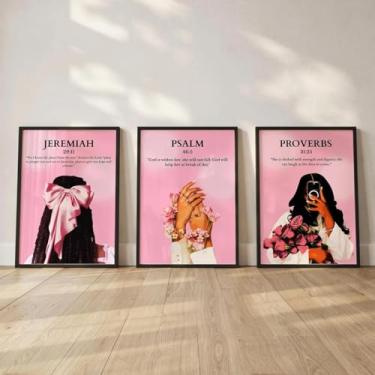 Imagem de Arte de parede Black Girl Pink Christian Canvas Poster Bíblia versículo decoração de parede mulheres afro-americanas moda mulheres negras impressões modernas fé escritura pintura para quarto 12x16x3