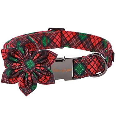 Imagem de Unique style paws Coleira de cachorro de Natal com gravata de flor xadrez verde vermelho ajustável coleira de cachorro de algodão para cães pequenos, médios e grandes - M