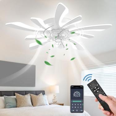Imagem de GooComfy Ventilador de teto regulável com luz e controle remoto, ventilador de teto semi-embutido pequeno de 78,7 cm com luzes LED, aplicativo e controle remoto, moderno, branco