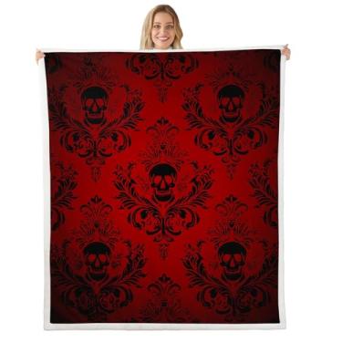 Imagem de Cobertor de flanela infantil de caveira gótica, cobertor felpudo com estampa floral de renda damasco vermelho para crianças, cobertor vintage antigo vitoriano barroco boho poliéster para sofá, tamanho