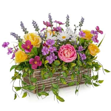 Imagem de Briful Mesa de centro de mesa floral sintética com caixa de madeira para plantar, arranjo de flores artificiais com rosas de seda, margaridas e lavanda, mesa de jantar, decoração de mesa de jantar