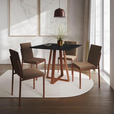 Imagem de Conjunto De Jantar Mesa 90Cm Preta Com 4 Cadeiras Estofadas Marrom Base Cobre - Preto