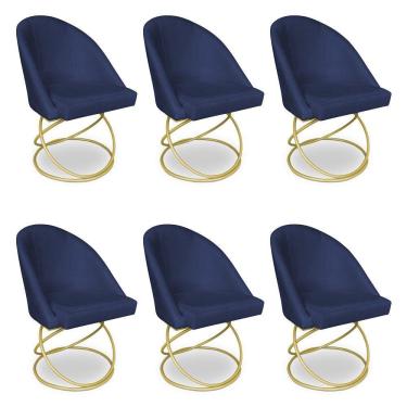 Imagem de Kit 06 Cadeiras Poltrona De Jantar Bela Suede Base Metálica Luxo Dourado - Pallazio Cor Azul Marinho