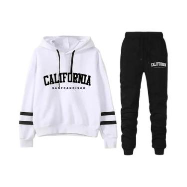 Imagem de Conjunto De Moletom Casual Feminino Com Listras, Blusa Com Capuz E Cal