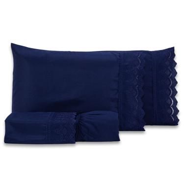 Imagem de Jogo De Cama Lençol Queen Sublime Bordado Inglês Percal 300 Fios Com Fronhas 04 Peças - Toque Acetinado Cor Azul Marinho