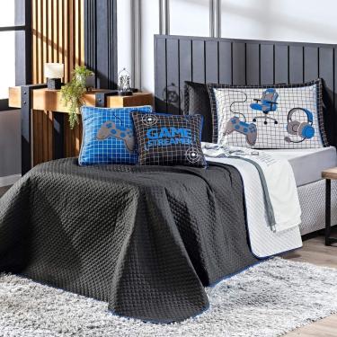 Imagem de Kit Cobre Leito Colcha Casal Padrão Game Streamer Azul Dupla Face Com Almofadas Estampa...