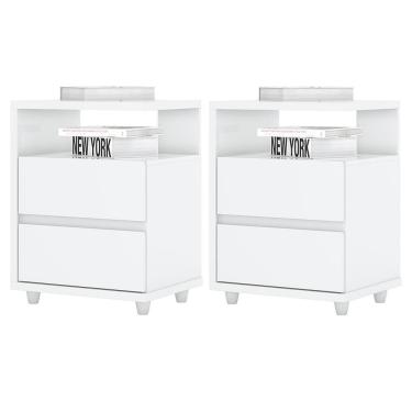 Imagem de Kit 2 Mesas De Cabeceira Campeche 2 Gavetas Branco - Móveis Henn Branco