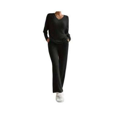 Imagem de Conjunto De Pijama Feminino Casual Em Malha Canelada Com Decote Em V E