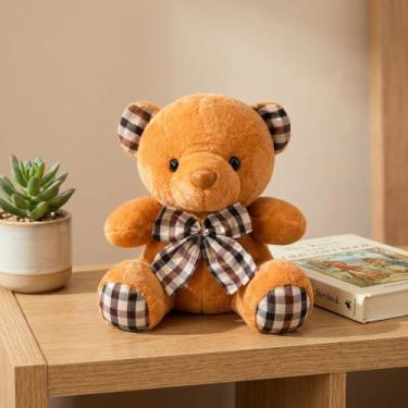 Imagem de Urso De Pelucia 20cm Com Laço Xadrez Fofinho Macio Decoração Quarto Be
