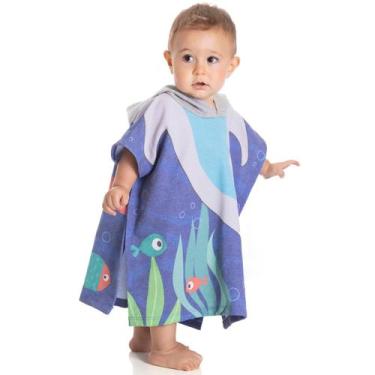 Imagem de Roupão infantil toalha de tubarão com capuz - azul para bebe de 2 a 12